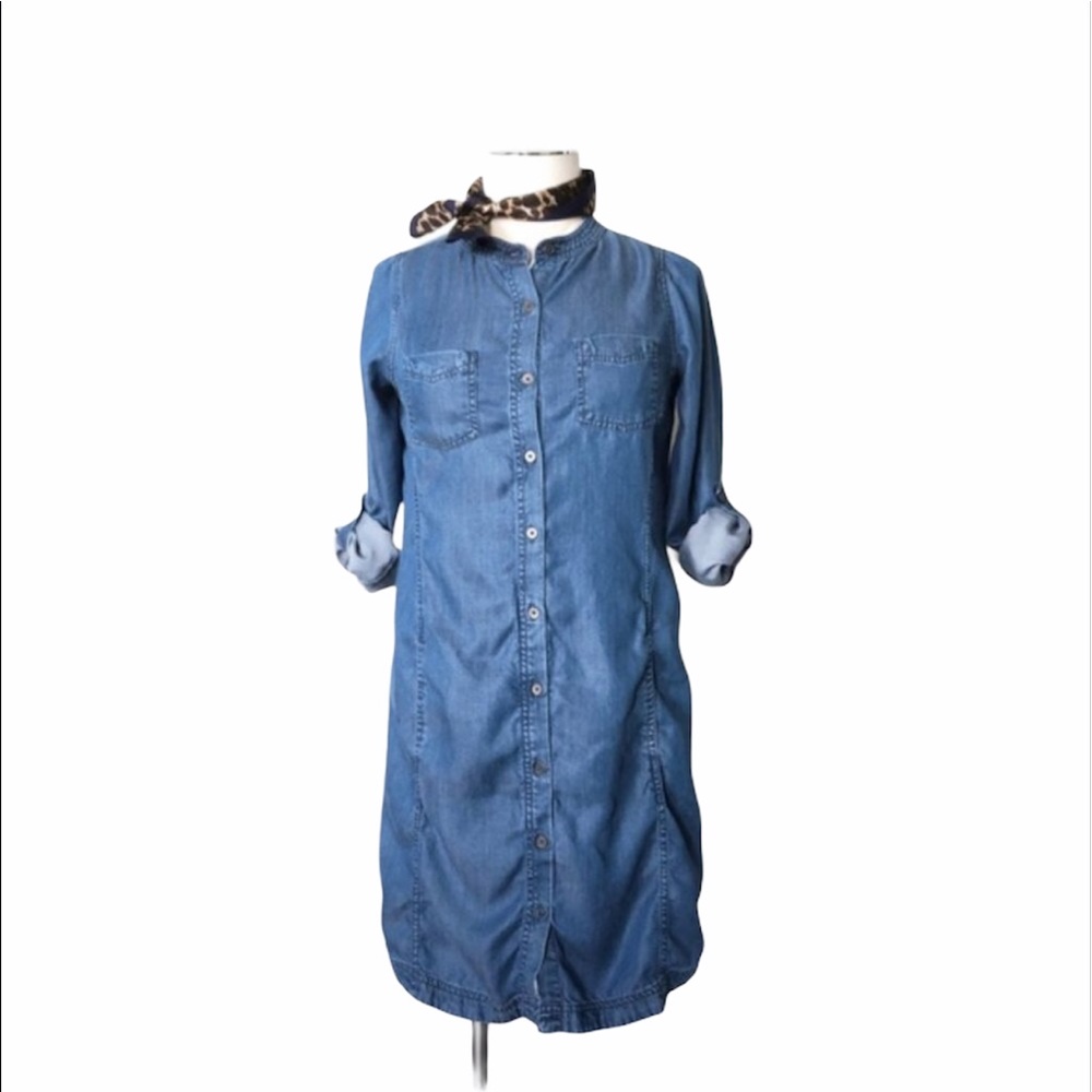 PRANA Aliki Chambray Tencel Dress Long Sleeve Front Button Blue Sz S